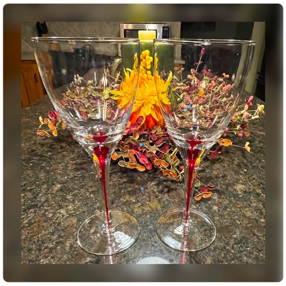 Pier 1-Pair of Red ‘Teardrop’ Hand Blown Wine Glasses